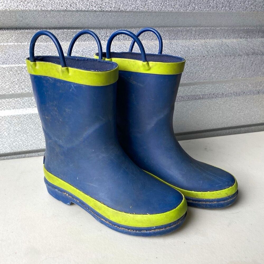 Unisex Kids Blue Green Rubber Pull-On Waterproof Mid-Calf Rain Boots